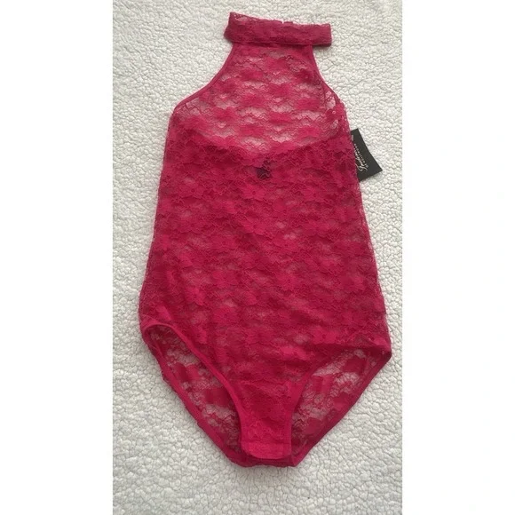 NEW Womens Pink Lace Lingerie Sheer Bodysuit Sleeveless Size Small Festival Sexy - Picture 2 of 12